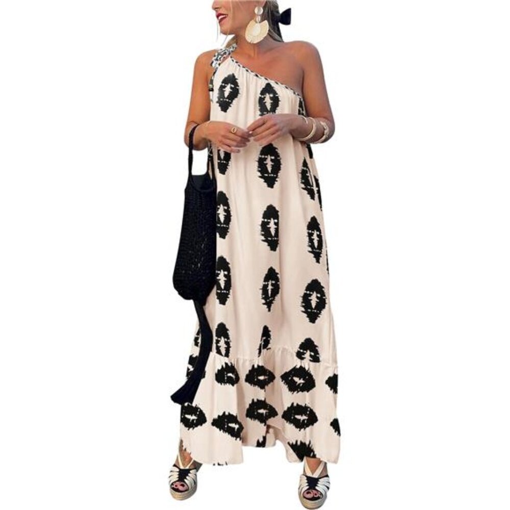 Women's Summer One Shoulder Maxi Dresses Printed Flowy Boho Beach
